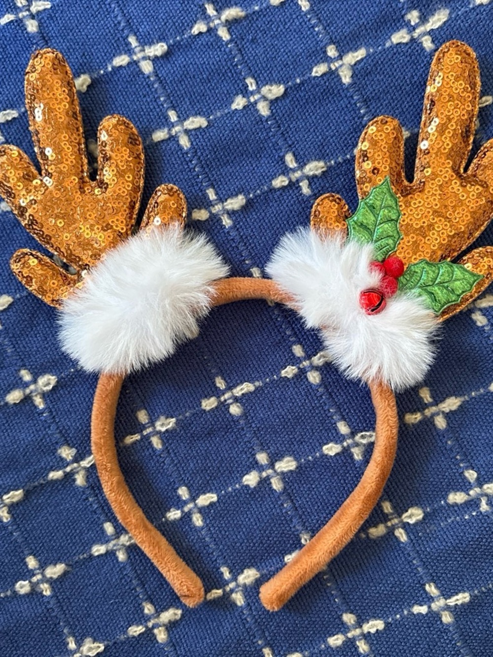 Gold Sequin Reindeer Antler Headband with White Fur and Holly Accent